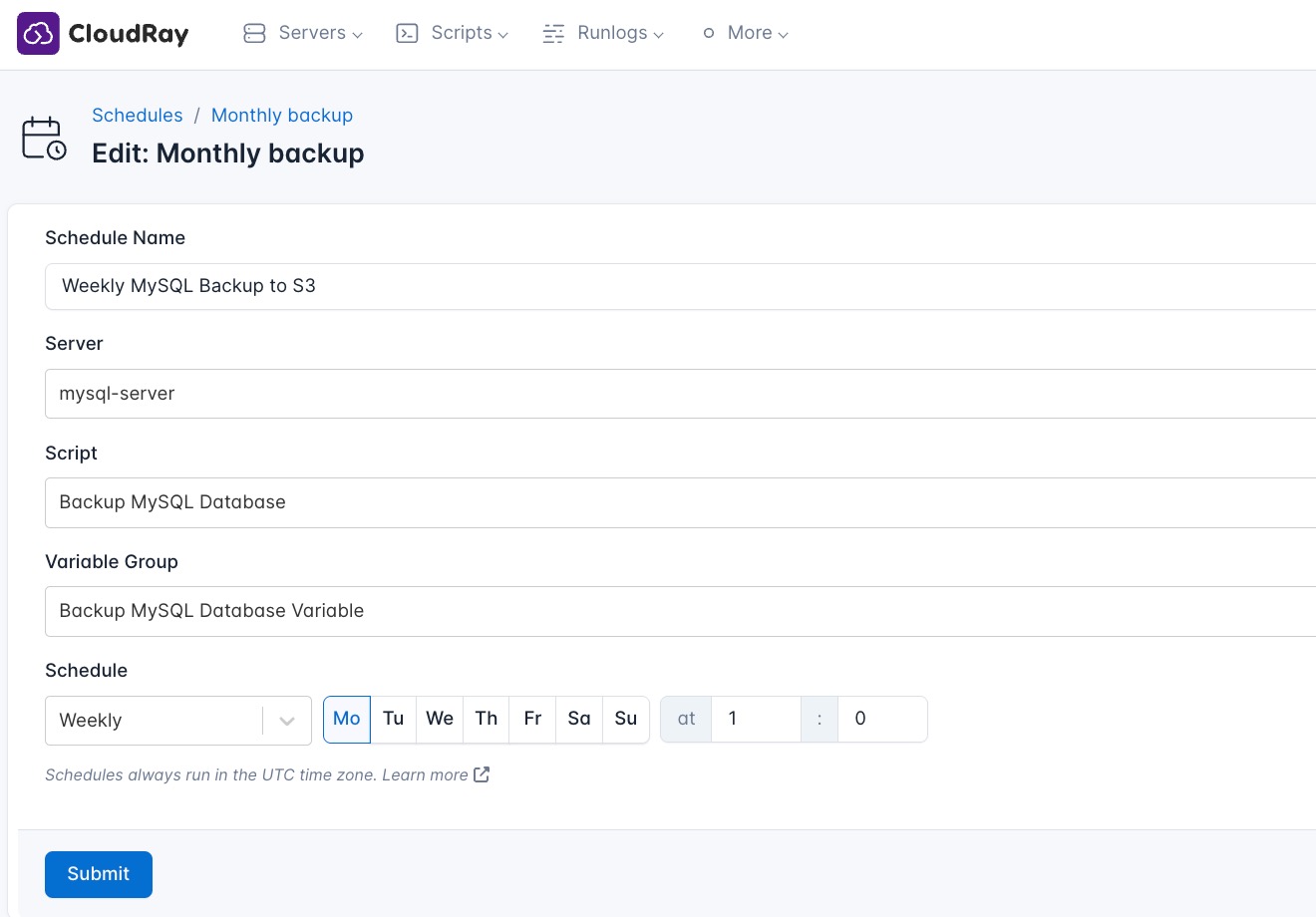 Screenshot of the location of Schedules in CloudRay's Interface