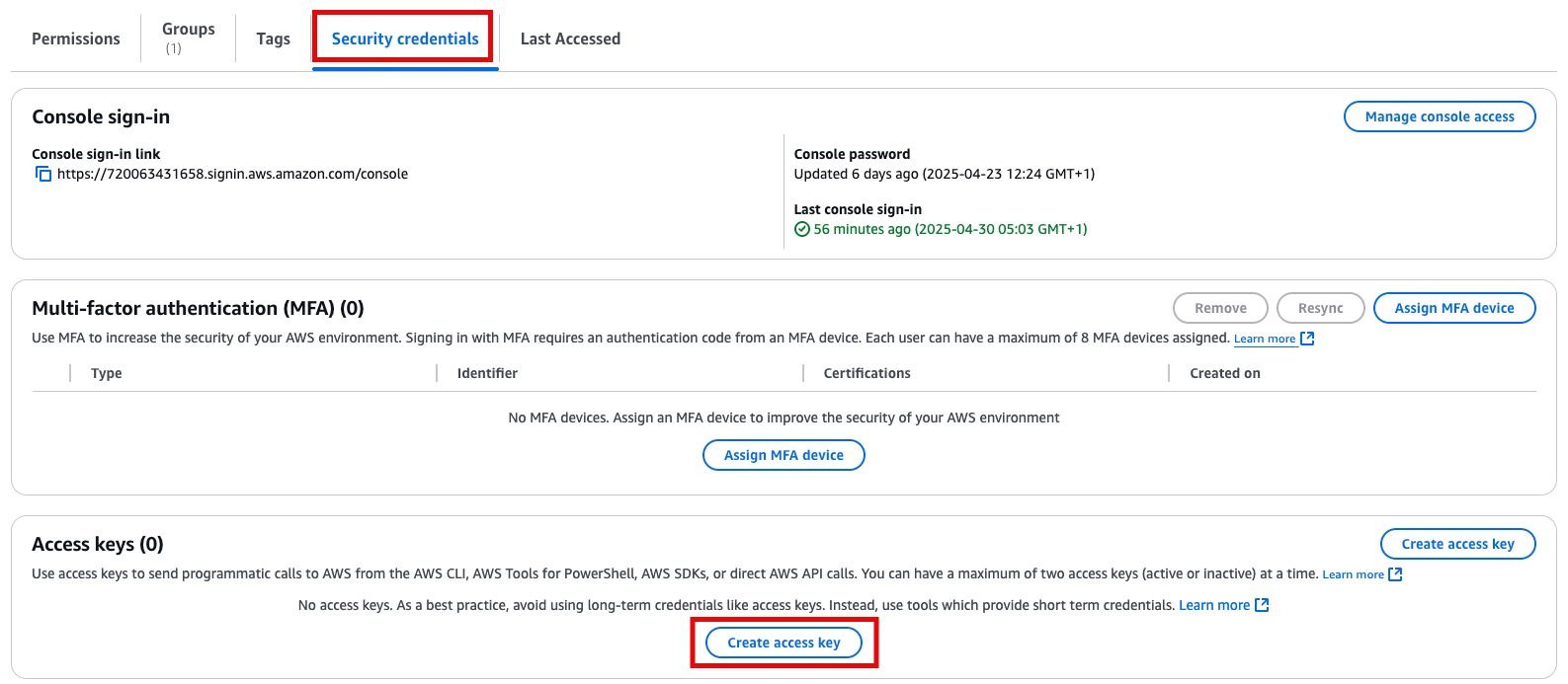 Screenshot of Access key location on AWS console