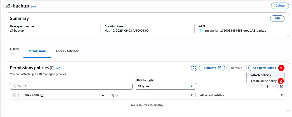 Screenshot of adding permission on AWS console
