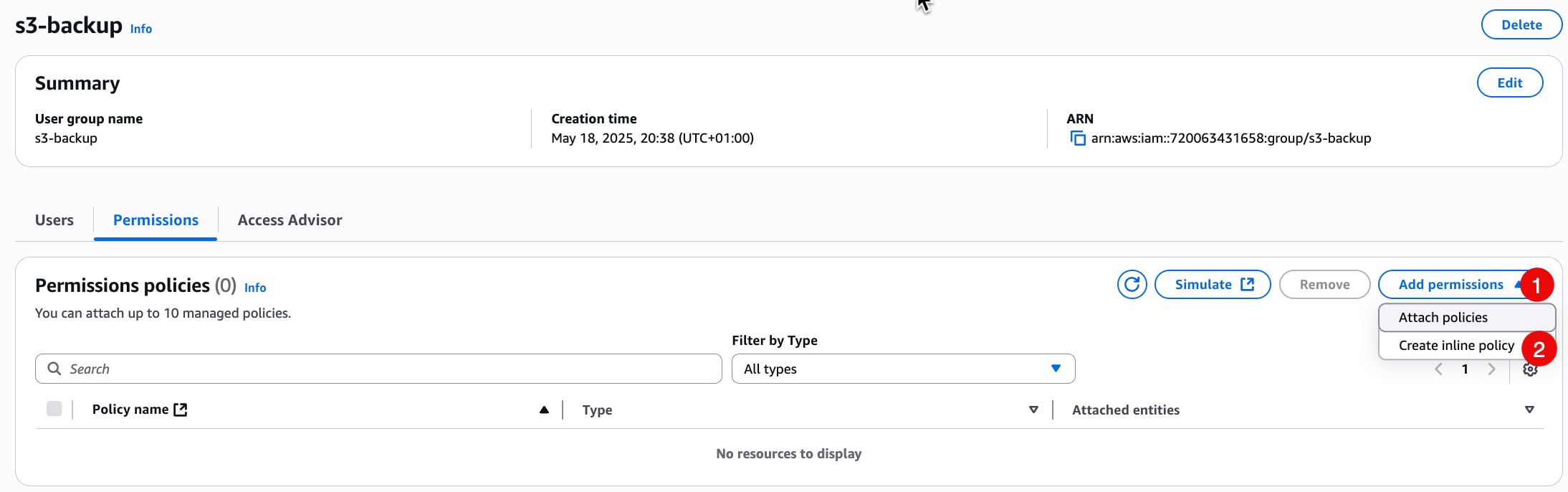 Screenshot of adding permission on AWS console