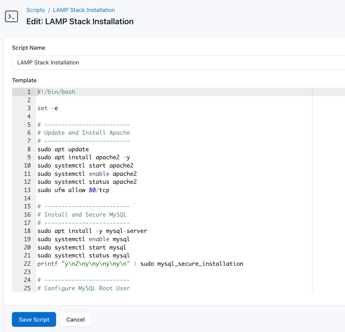 Screenshot of the automation script for LAMP stack
