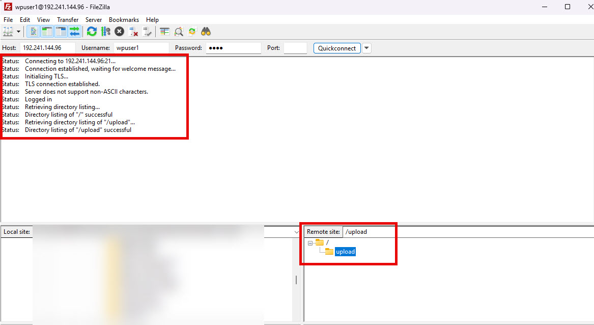 Screenshot of the successful connection on FileZilla