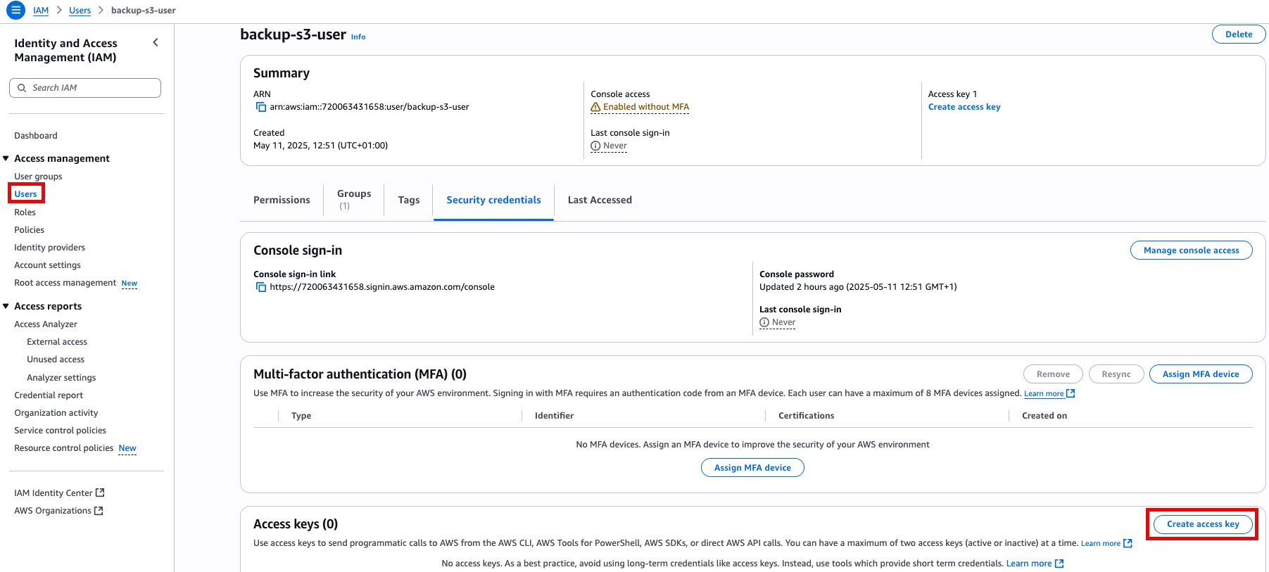 screenshot creating access key