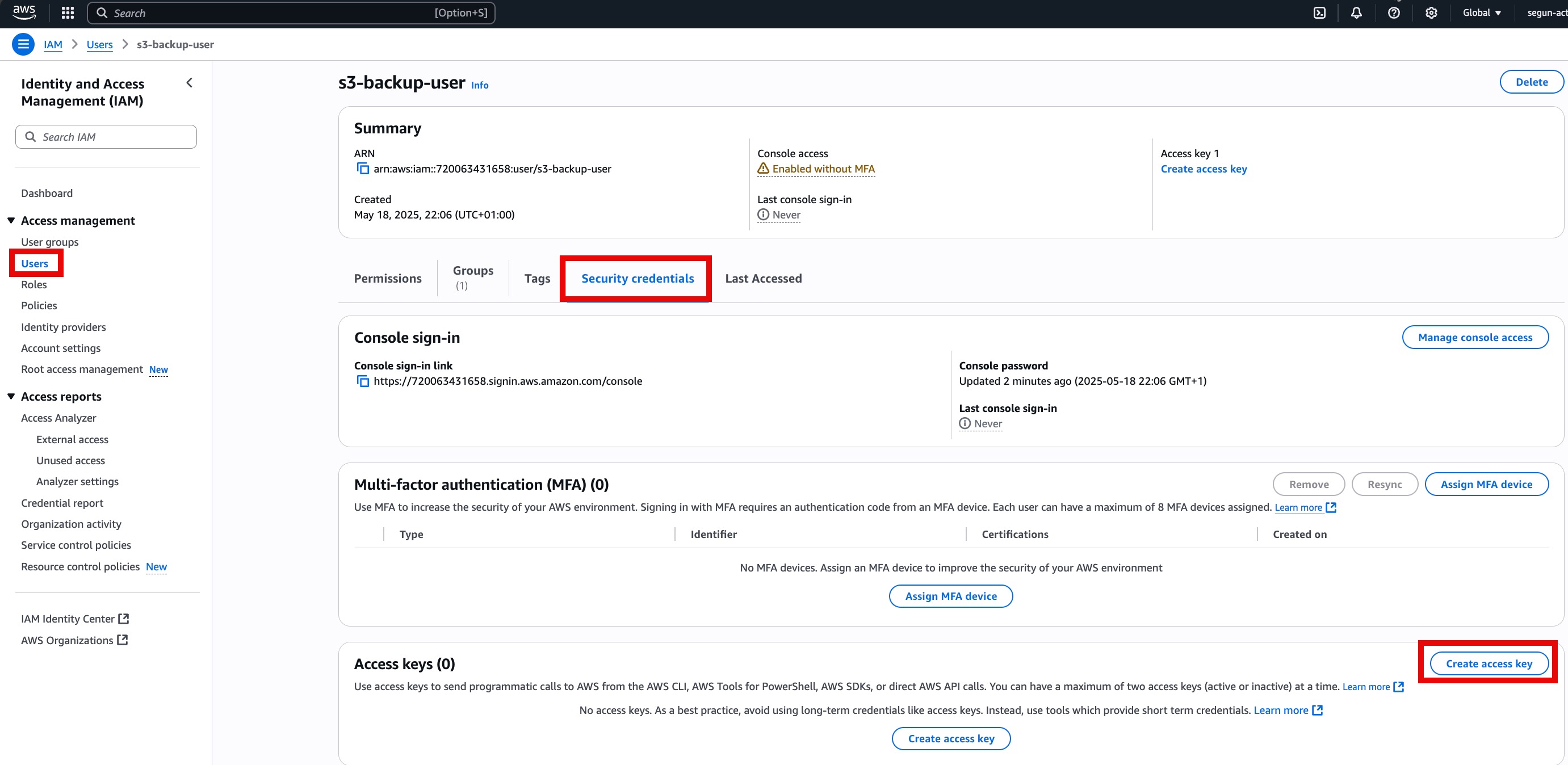 screenshot creating access key