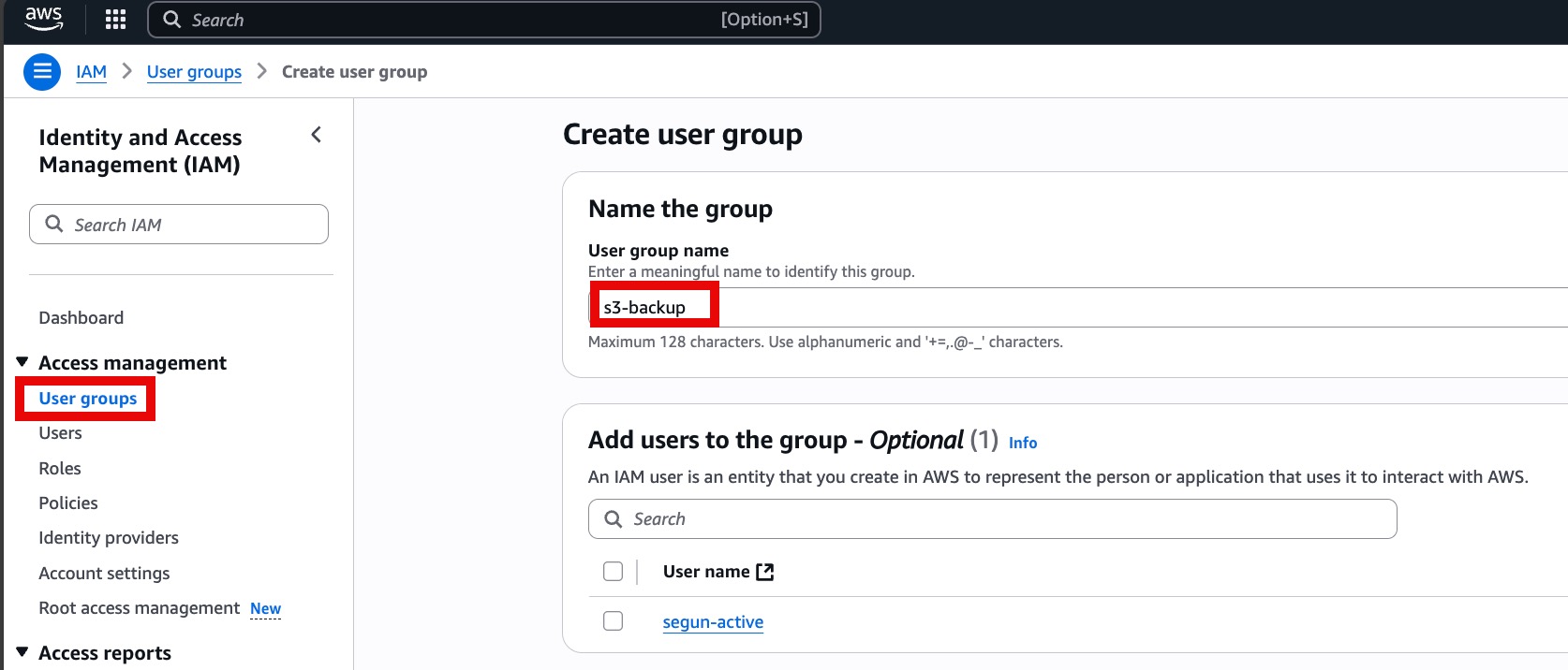 Screenshot of AWS console creating group