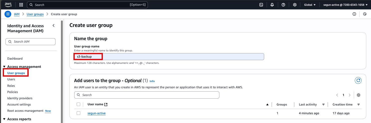 Screenshot of AWS console creating group