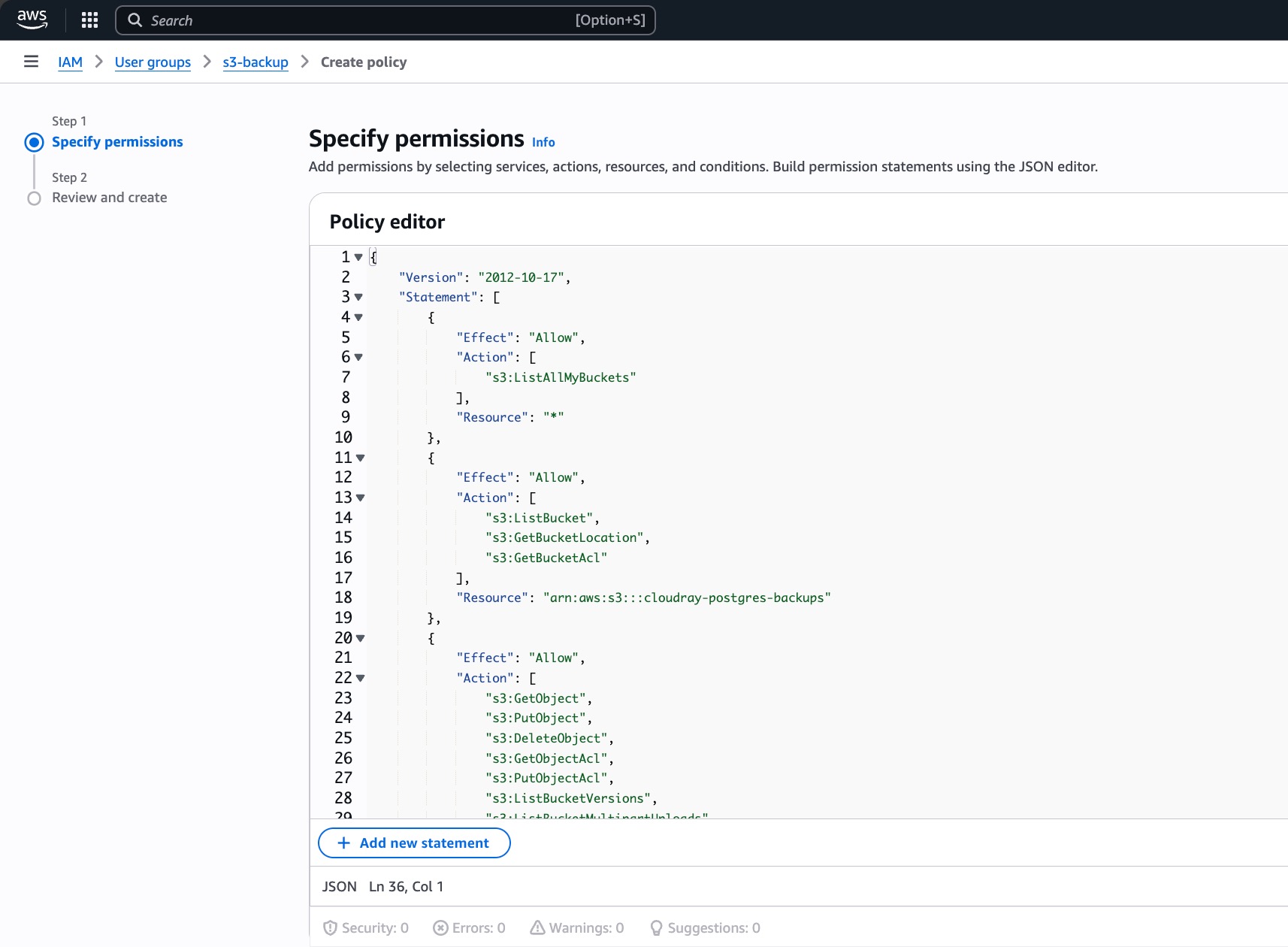 Screenshot of creating permission