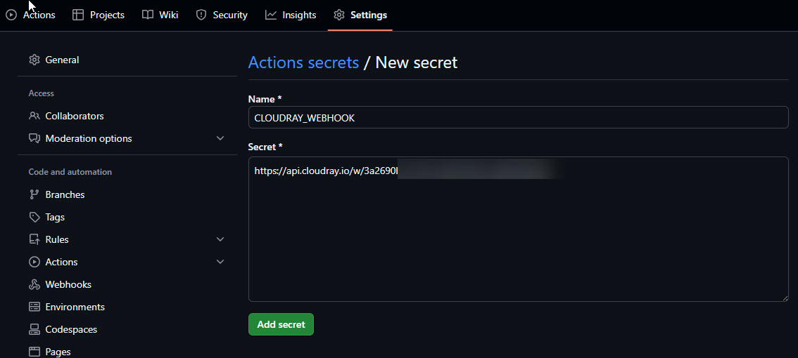 Screenshot of first addition of GitHub secret step