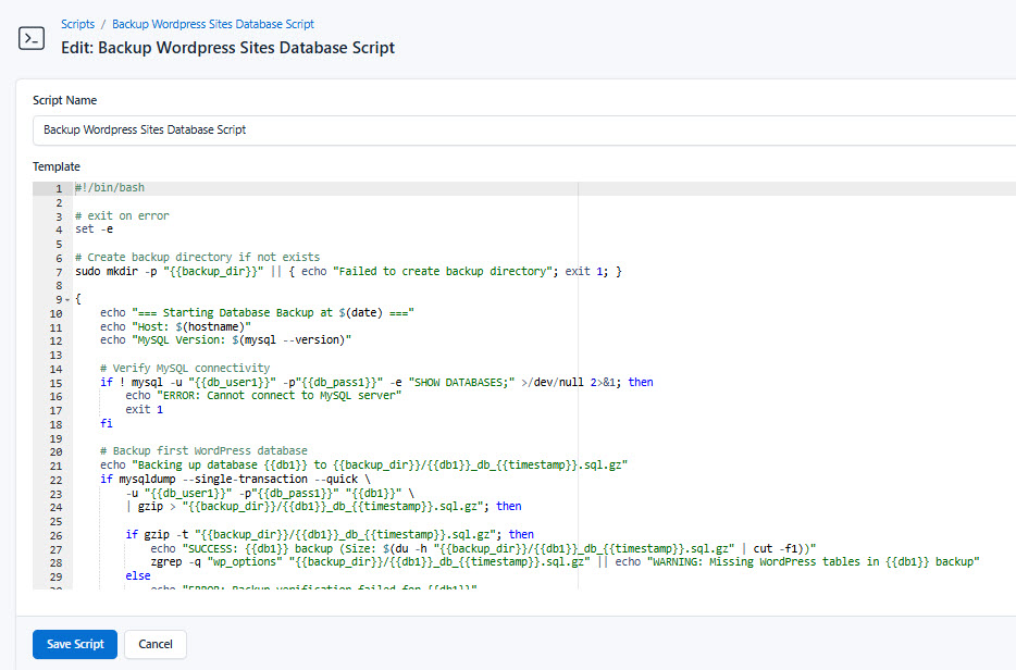 Screenshot of adding a new database backup script