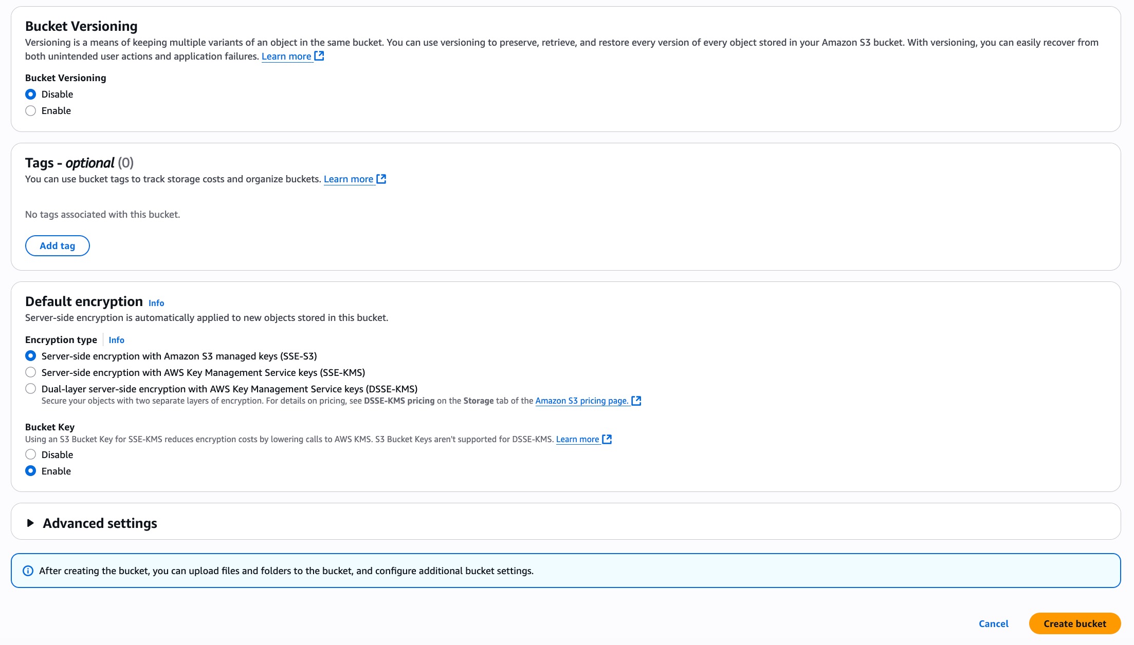 Screenshot showing defaults setting of s3