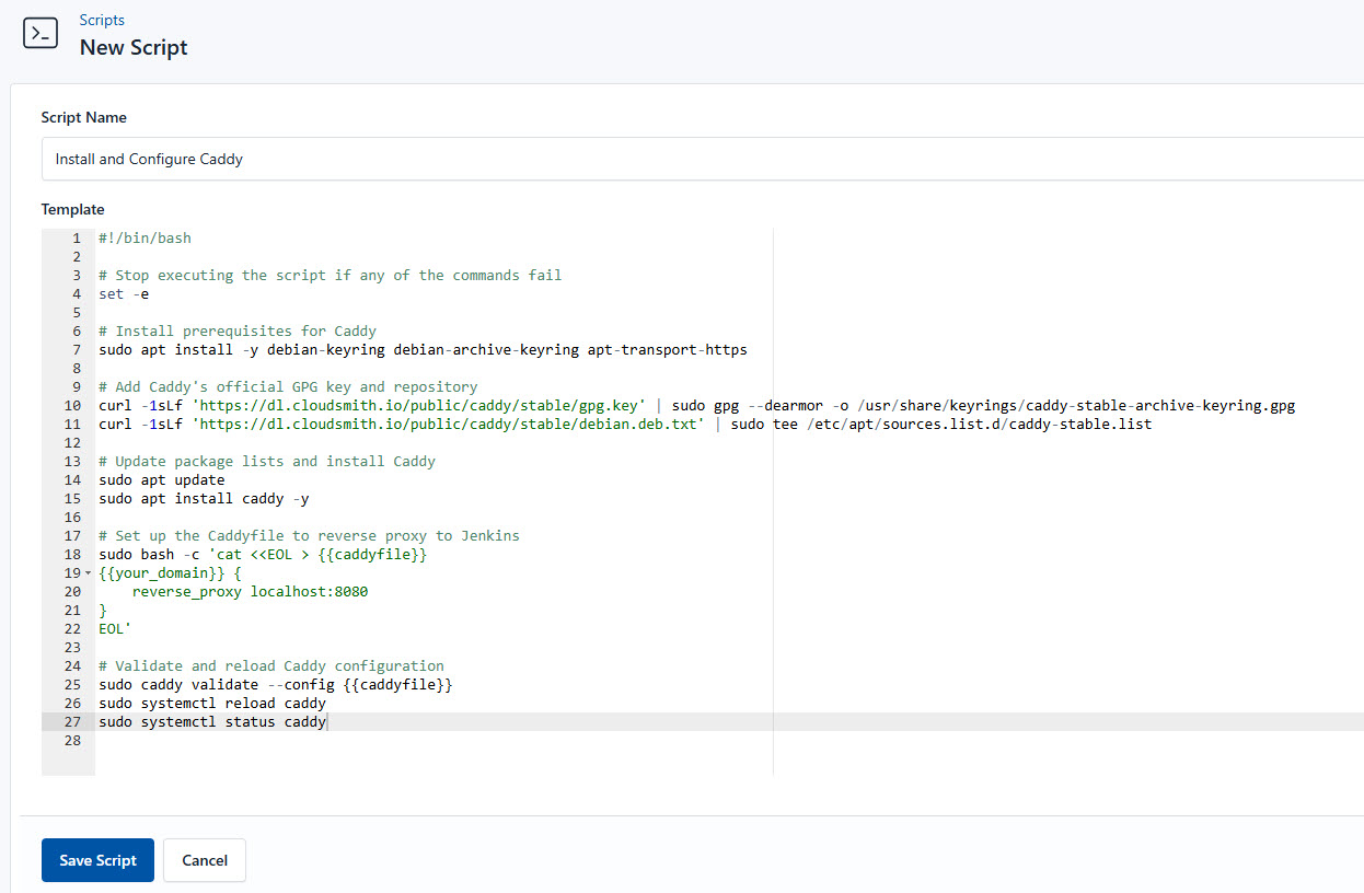 Screenshot of adding a new setup script
