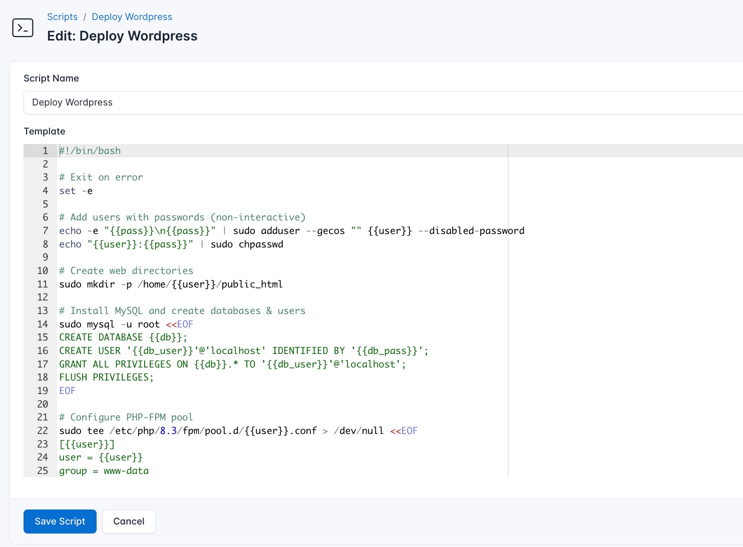 Automated WordPress deployment script in CloudRay dashboard