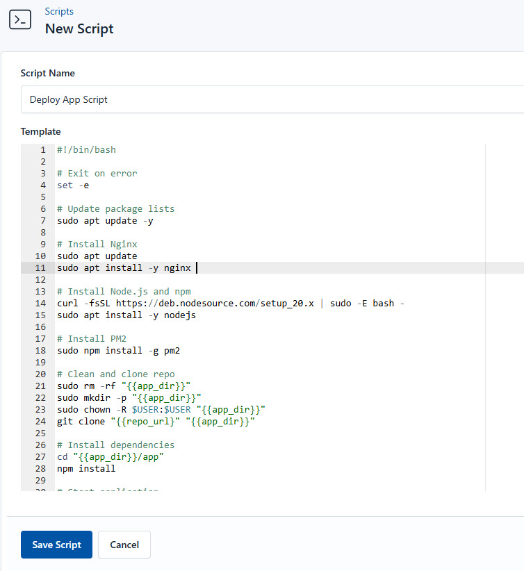 Screenshot of adding a new deployment script