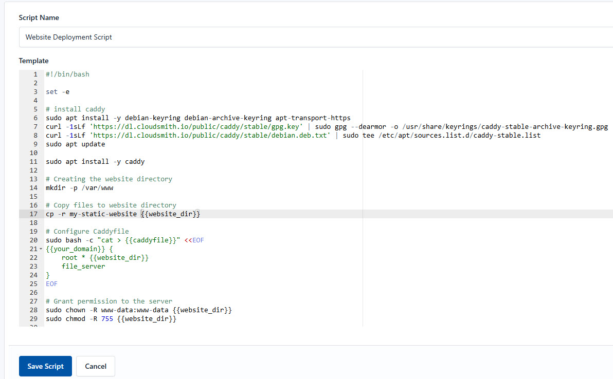 Screenshot of website deployment script