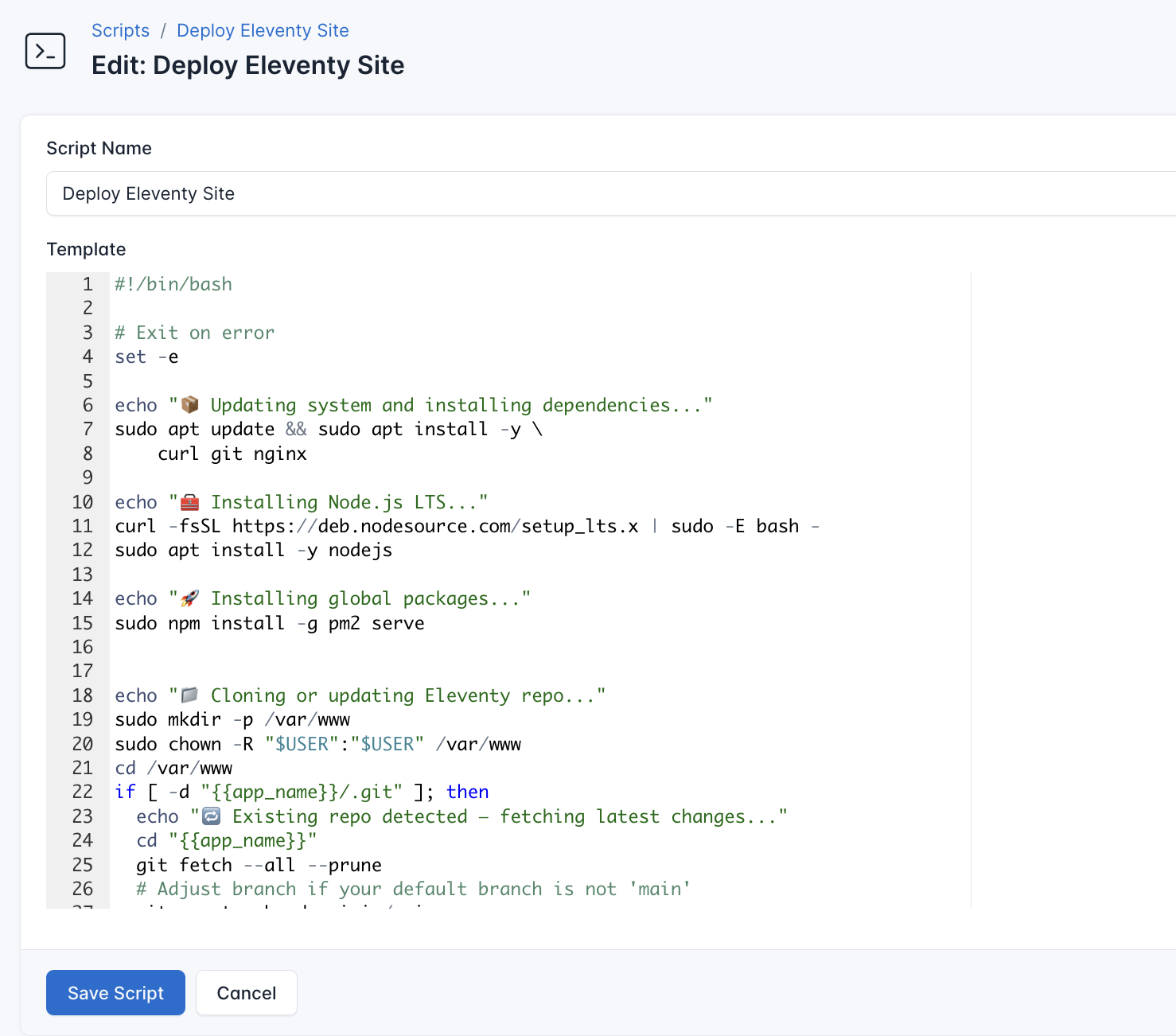 Screenshot for deployment script of Eleventy site