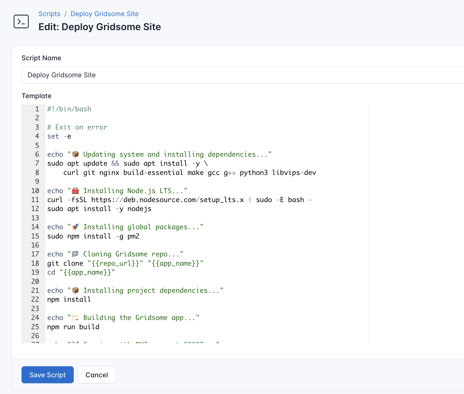 Screenshot for deployment script of Gridsome site