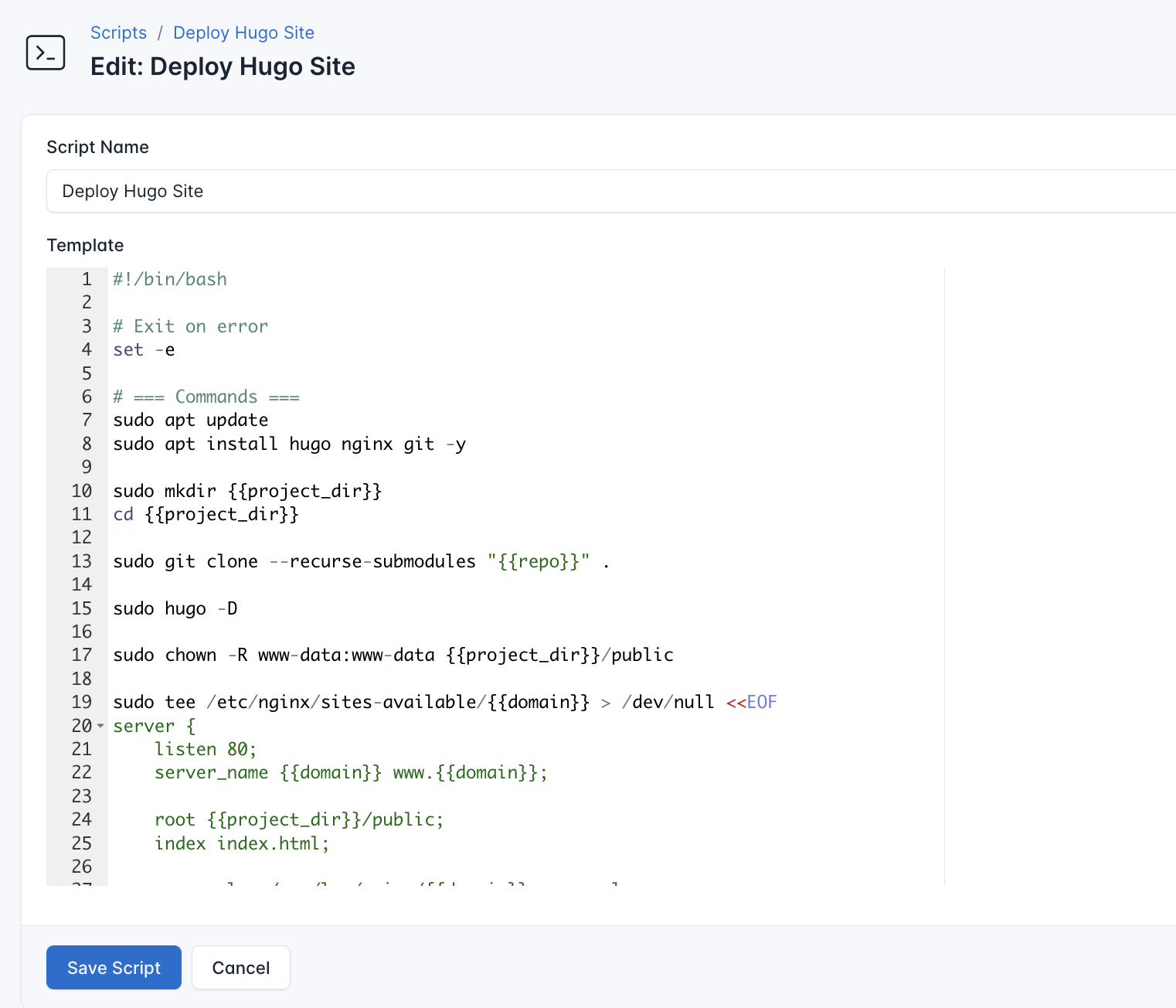Screenshot for deployment script of Hugo site
