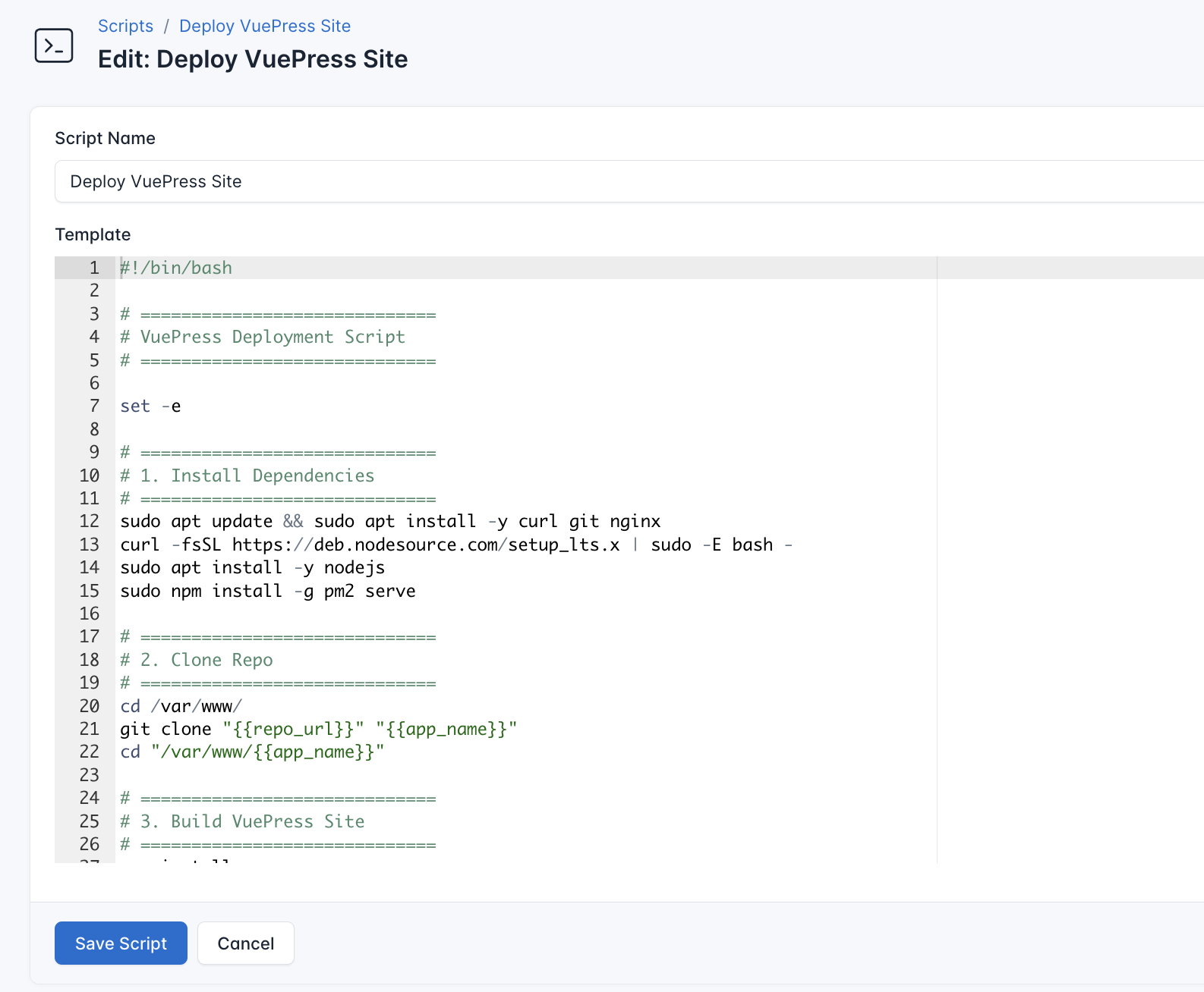 Screenshot for deployment script of VuePress site