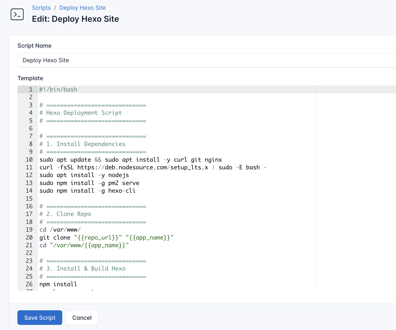 Screenshot for deployment script of Hexo site