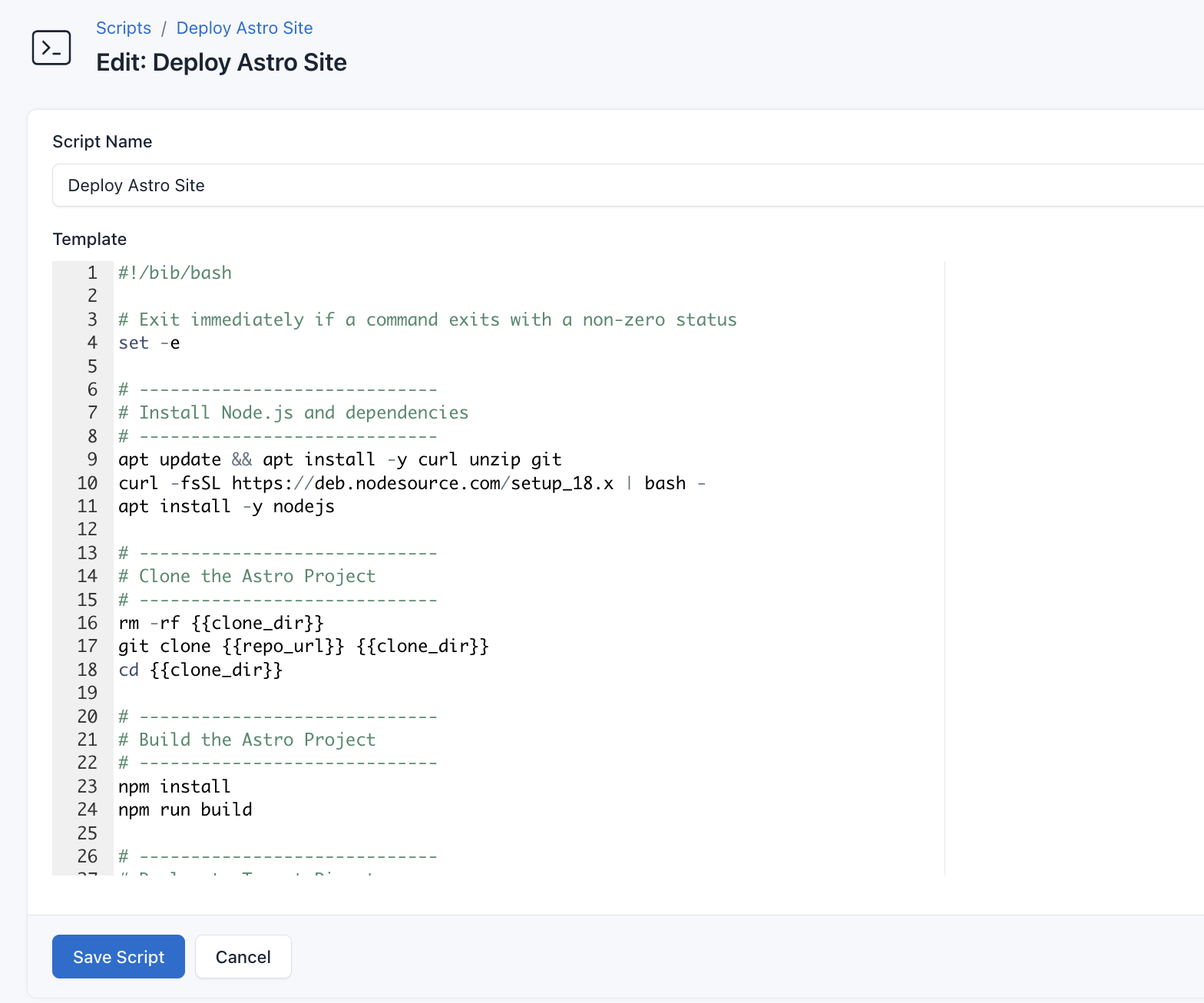 Screenshot for deployment script of Astro site