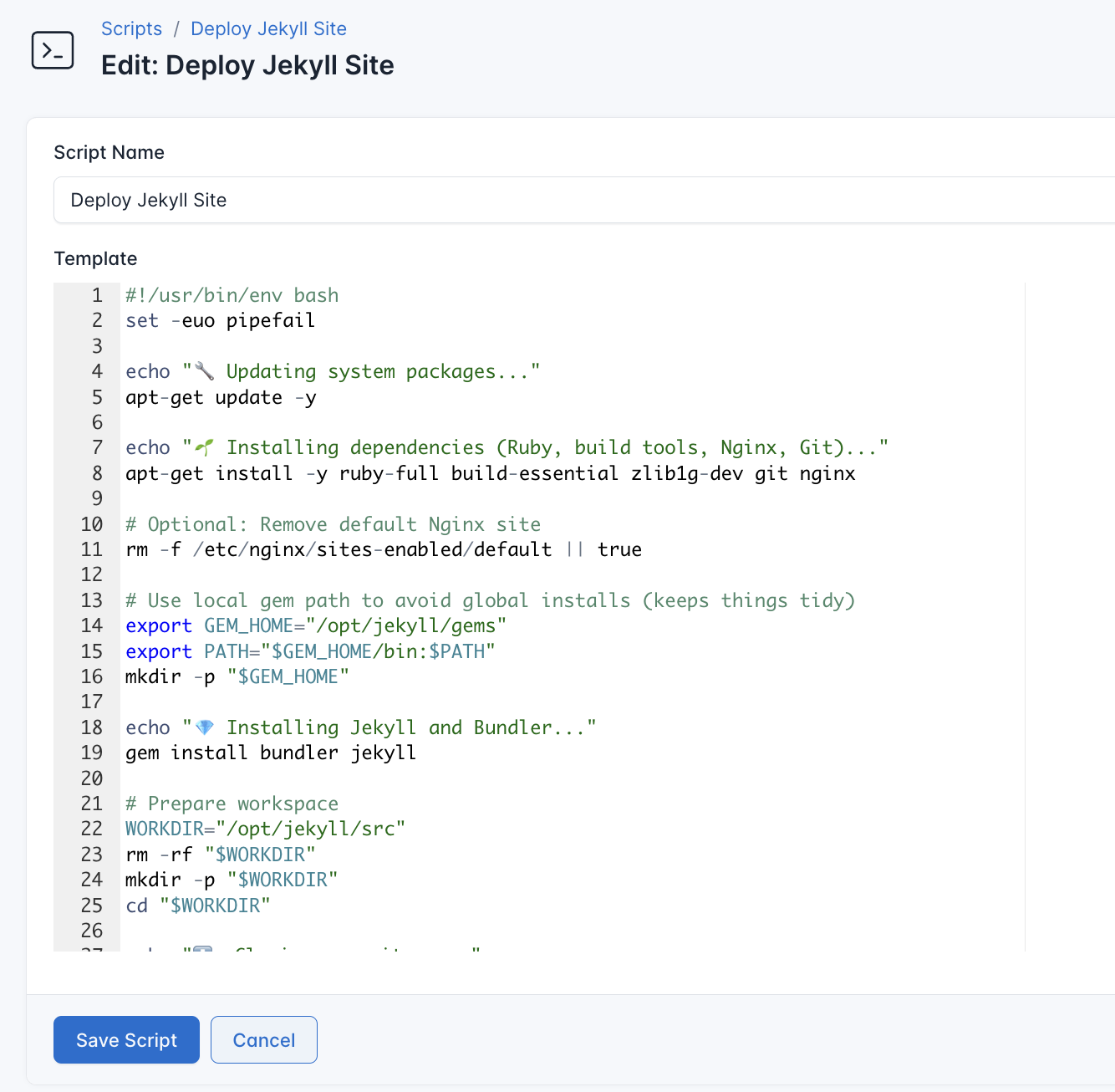 Screenshot for deployment script of Jekyll site