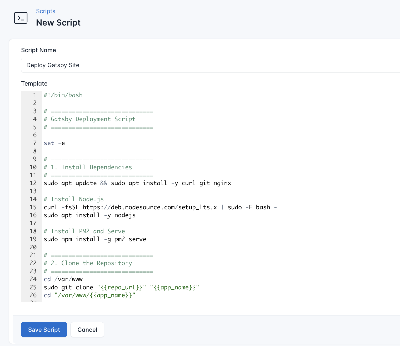 Screenshot for deployment script of Gatsby site