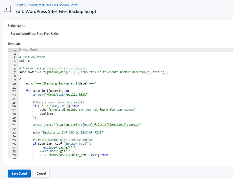 Screenshot of adding a new file backup script
