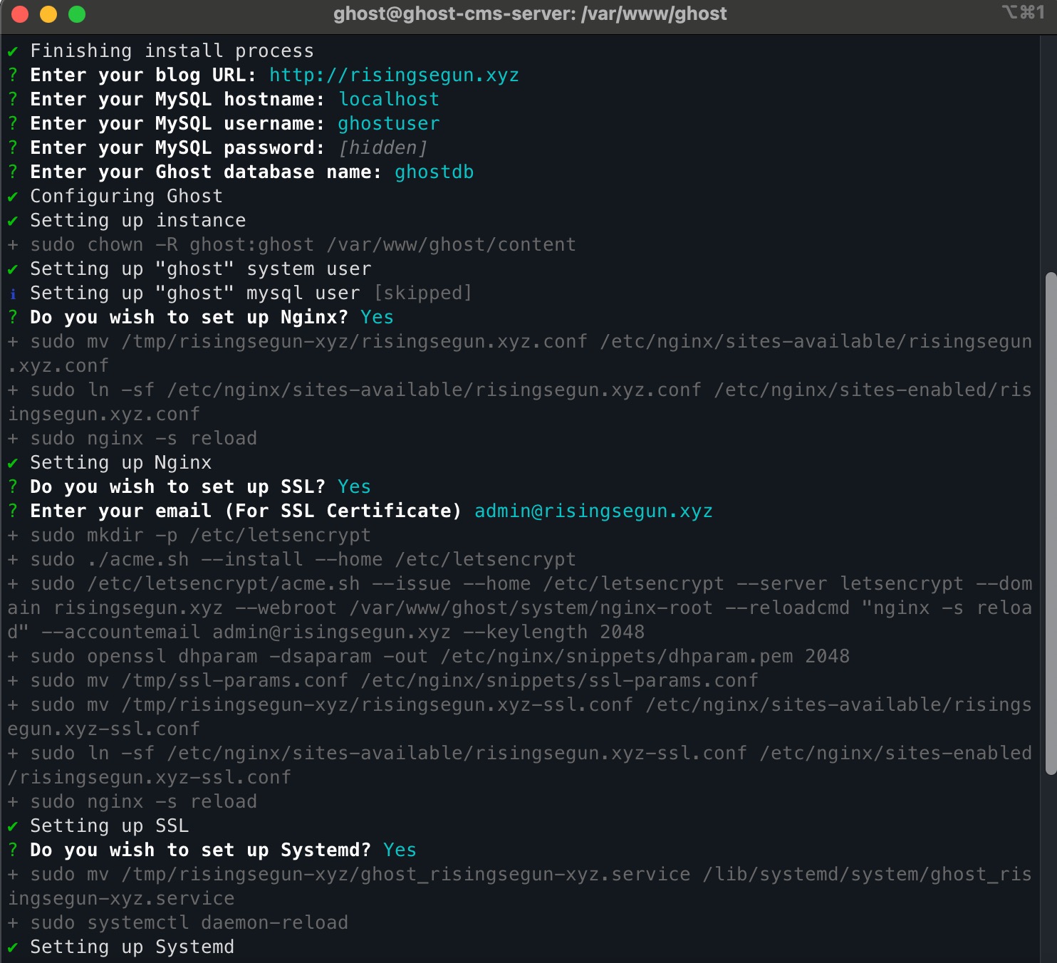 Screenshot showing Ghost setup