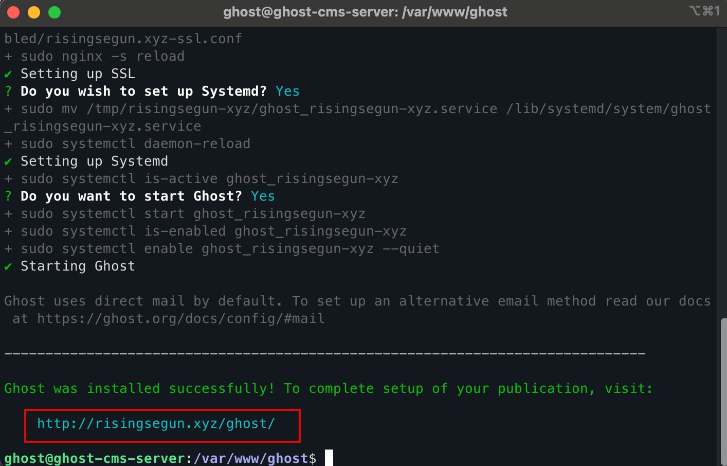 Screenshot showing Ghost setup