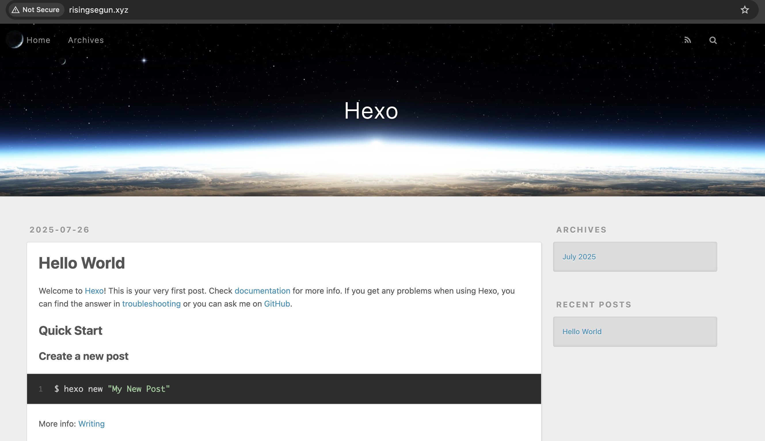 Screenshot showing Hexo Site running