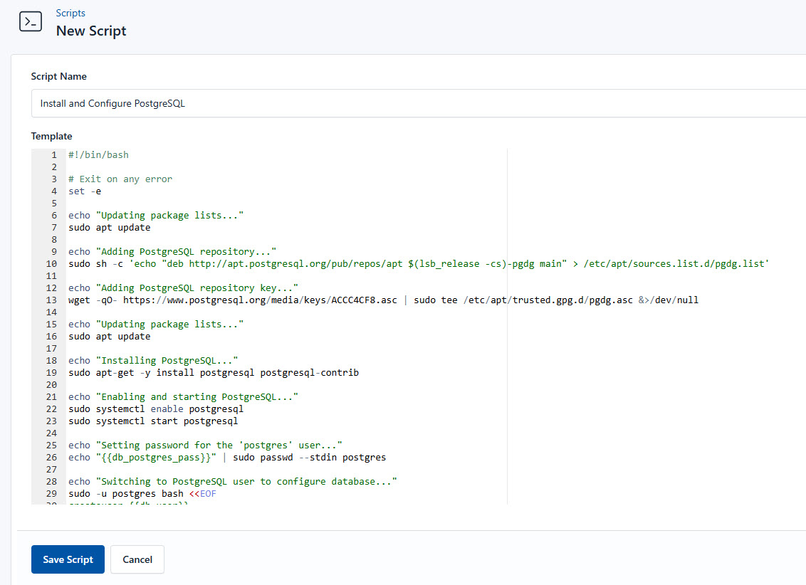 Screenshot of script for installing and configuring postgresql
