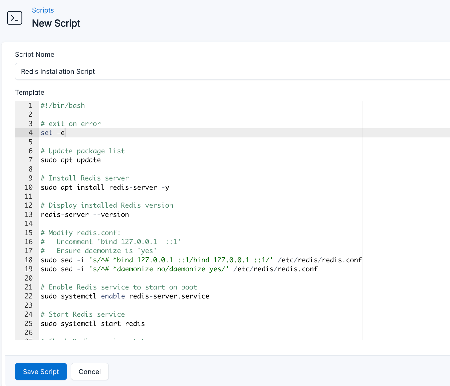 Screenshot of adding a new install script