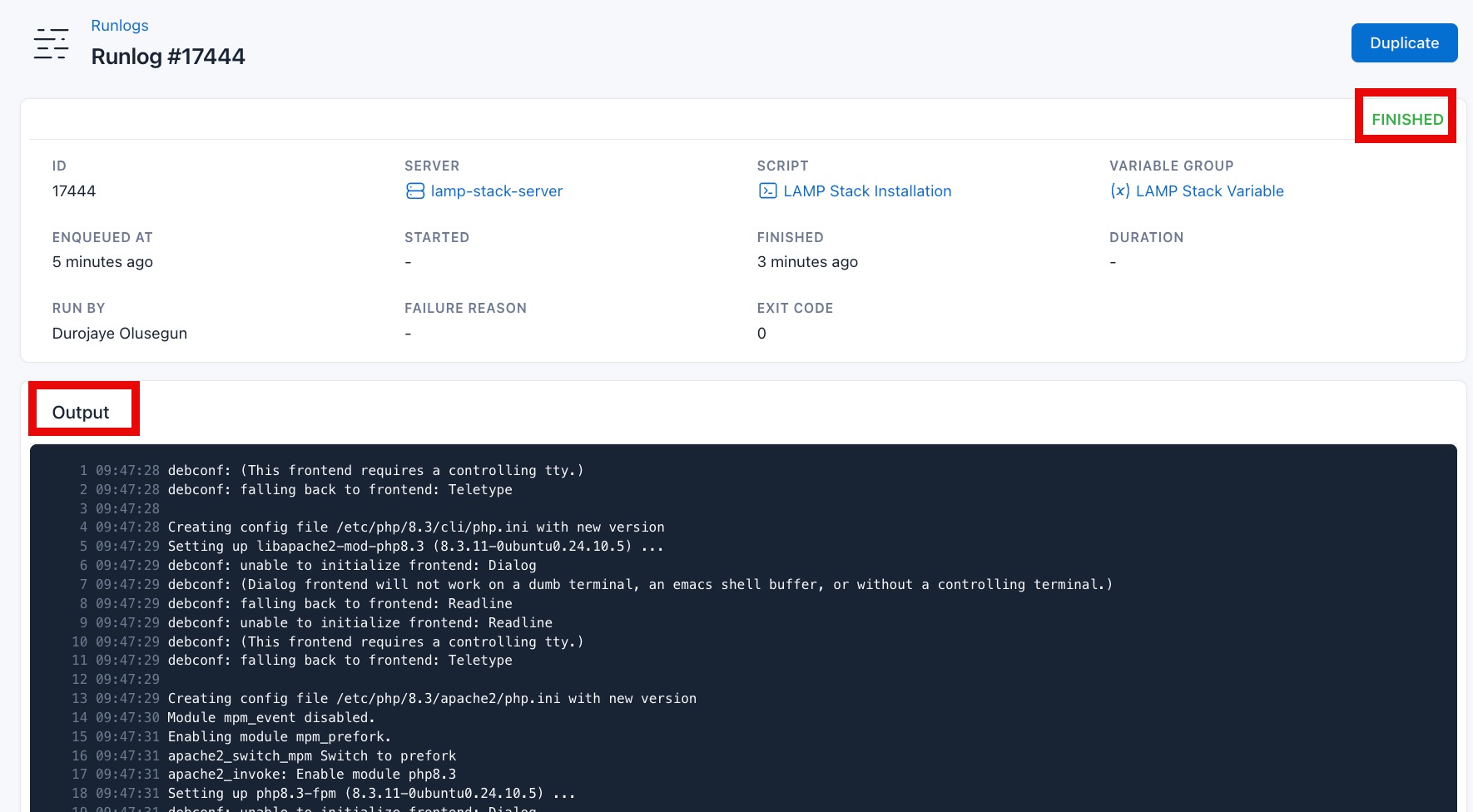 Screenshot of the output of the install LAMP stack script