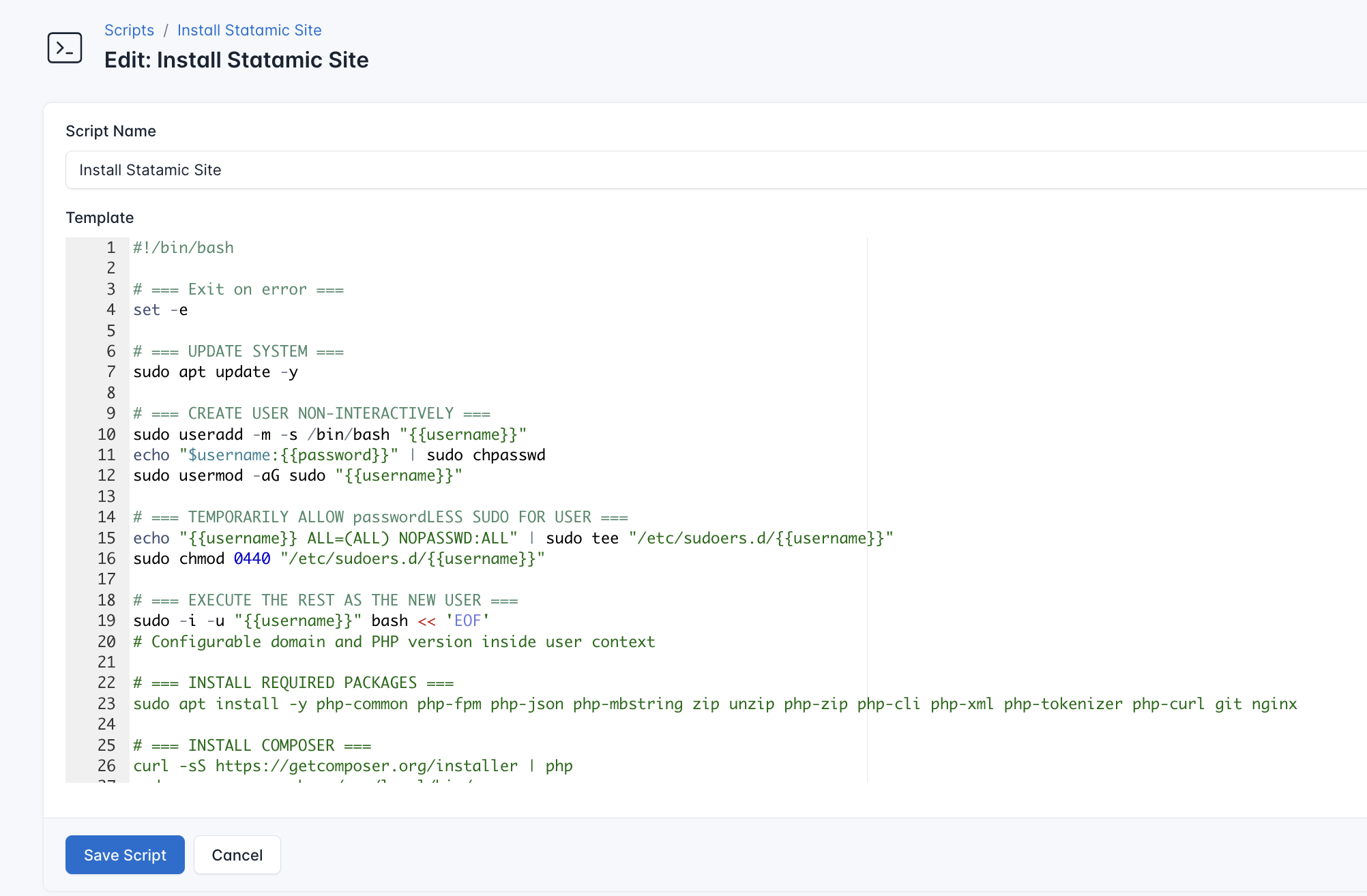 Screenshot for installation script for statamic