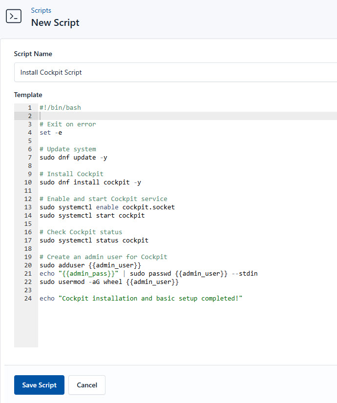 Screenshot of adding a new install script