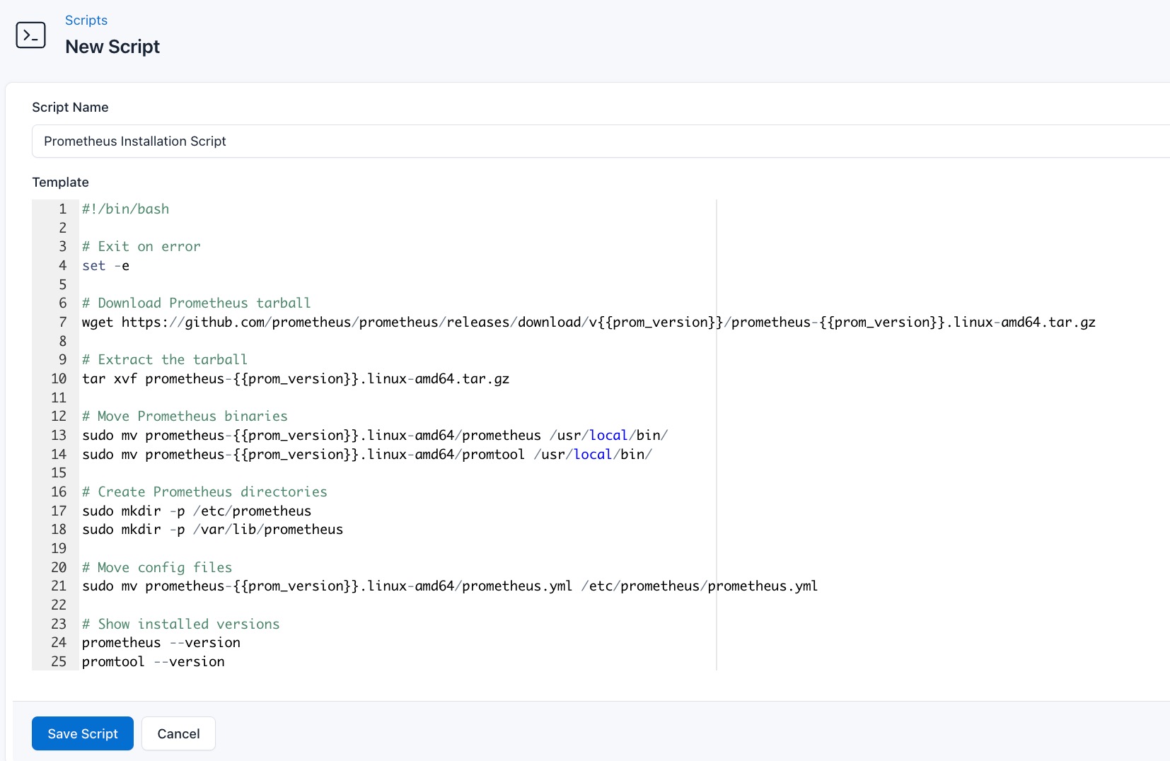 Screenshot of adding a new install script