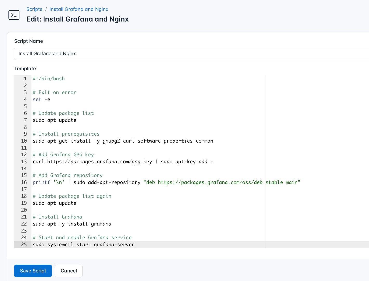 Screenshot of adding a new install script