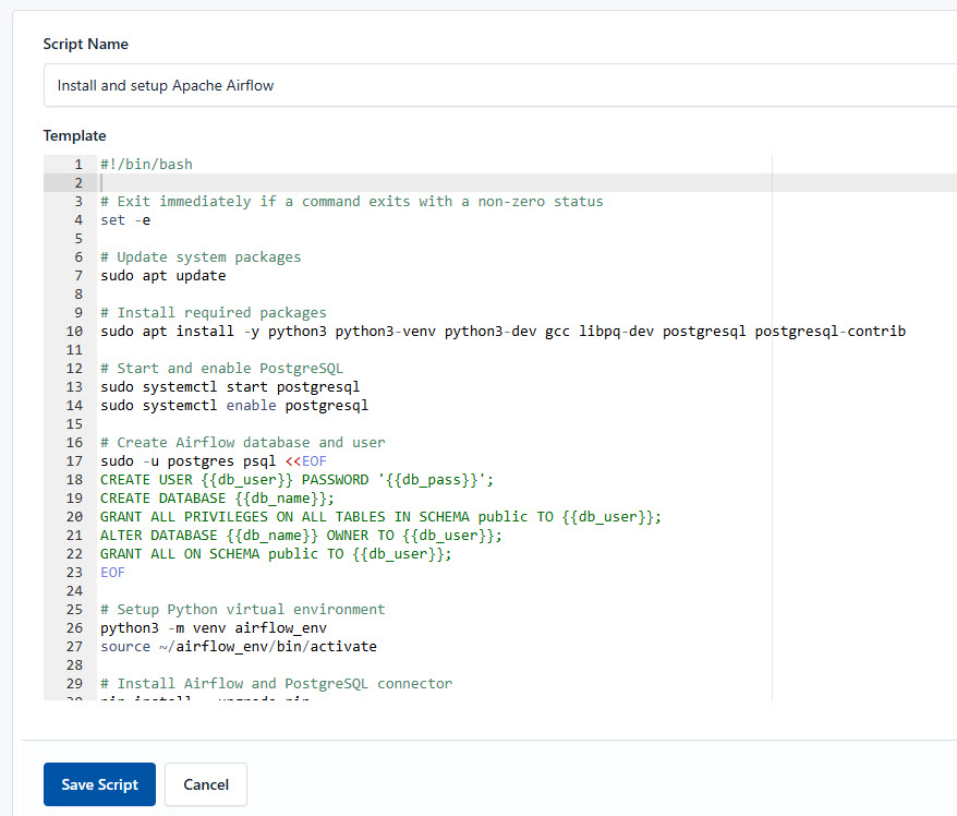 Screenshot of adding a new installation and setup script