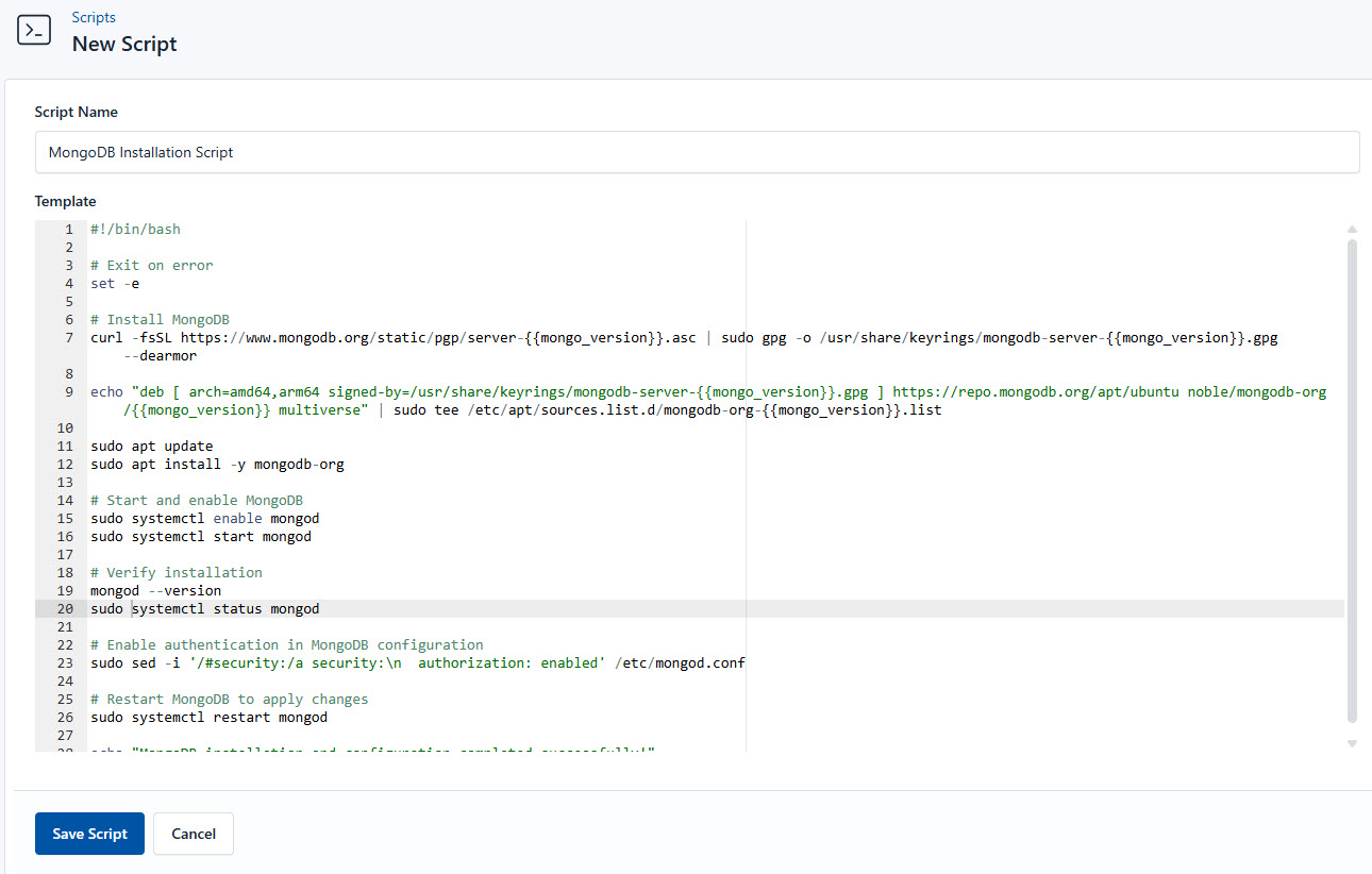 Screenshot of adding a new setup script