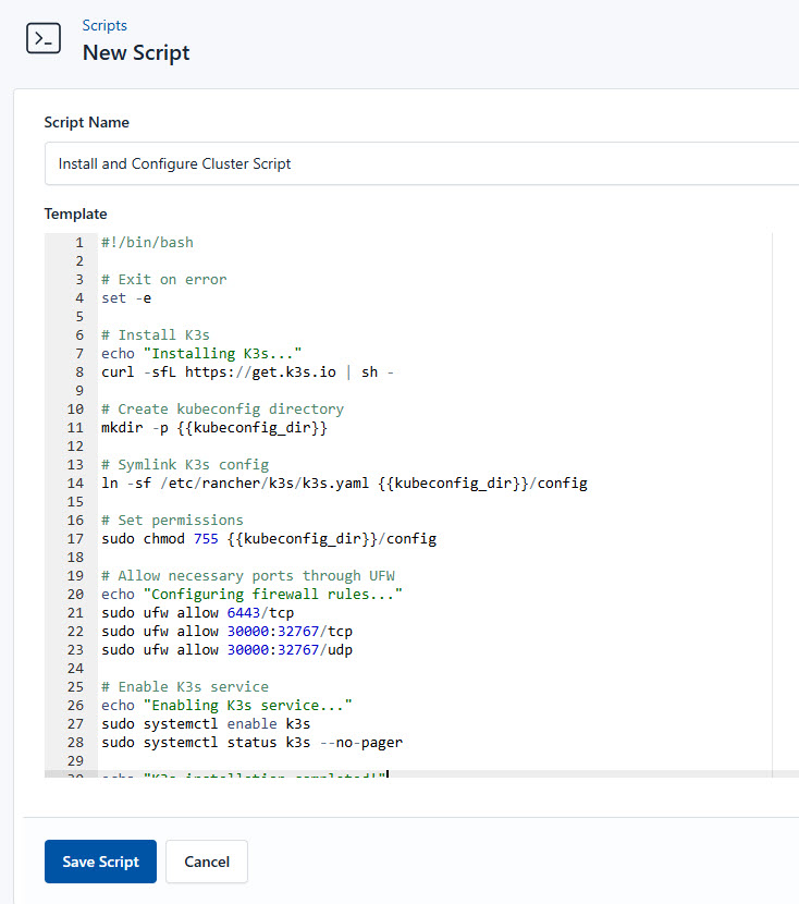 Screenshot of adding a new instalation and configuration script