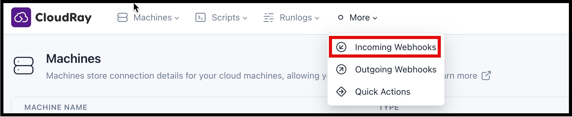 Screenshot of locating incoming webhooks