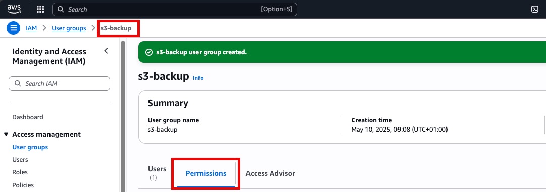 Screenshot to locate permission tab on AWS console