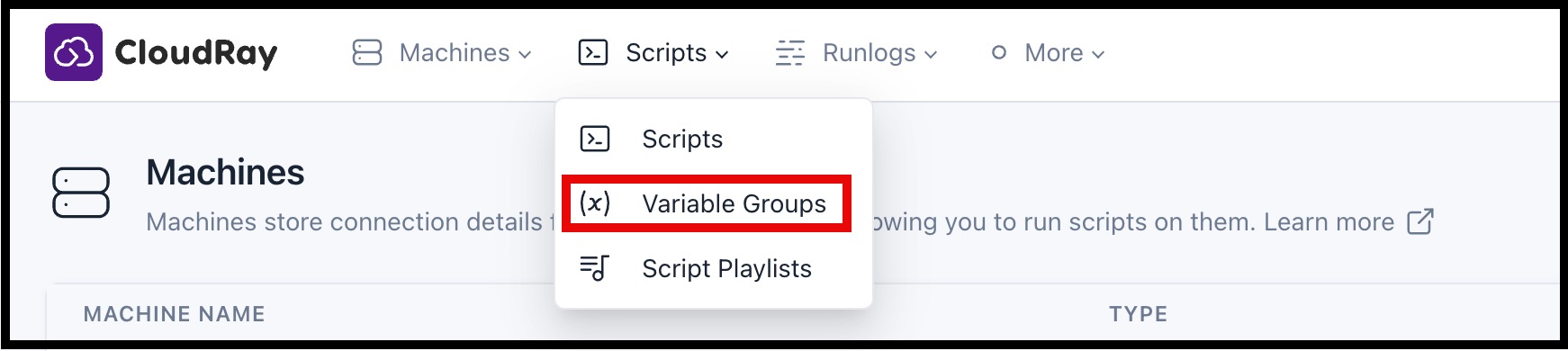 Screenshot of locating Variable group in CloudRay