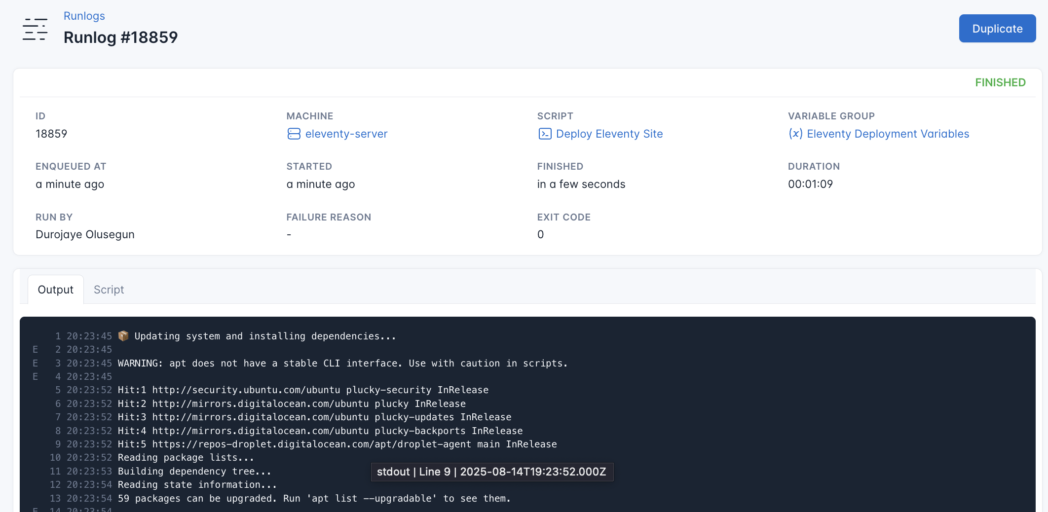 Screenshot of the output of the Eleventy deployment script