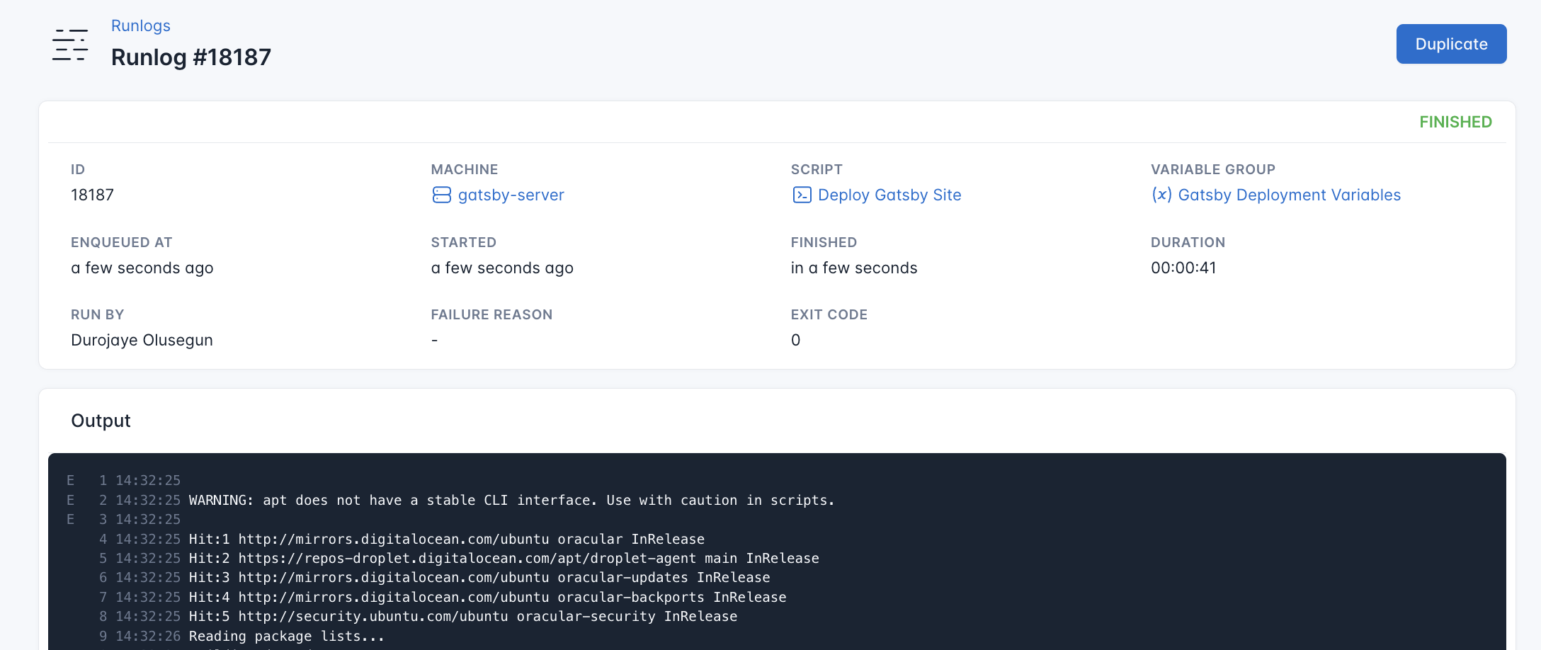 Screenshot of the output of Deploy Gatsby script