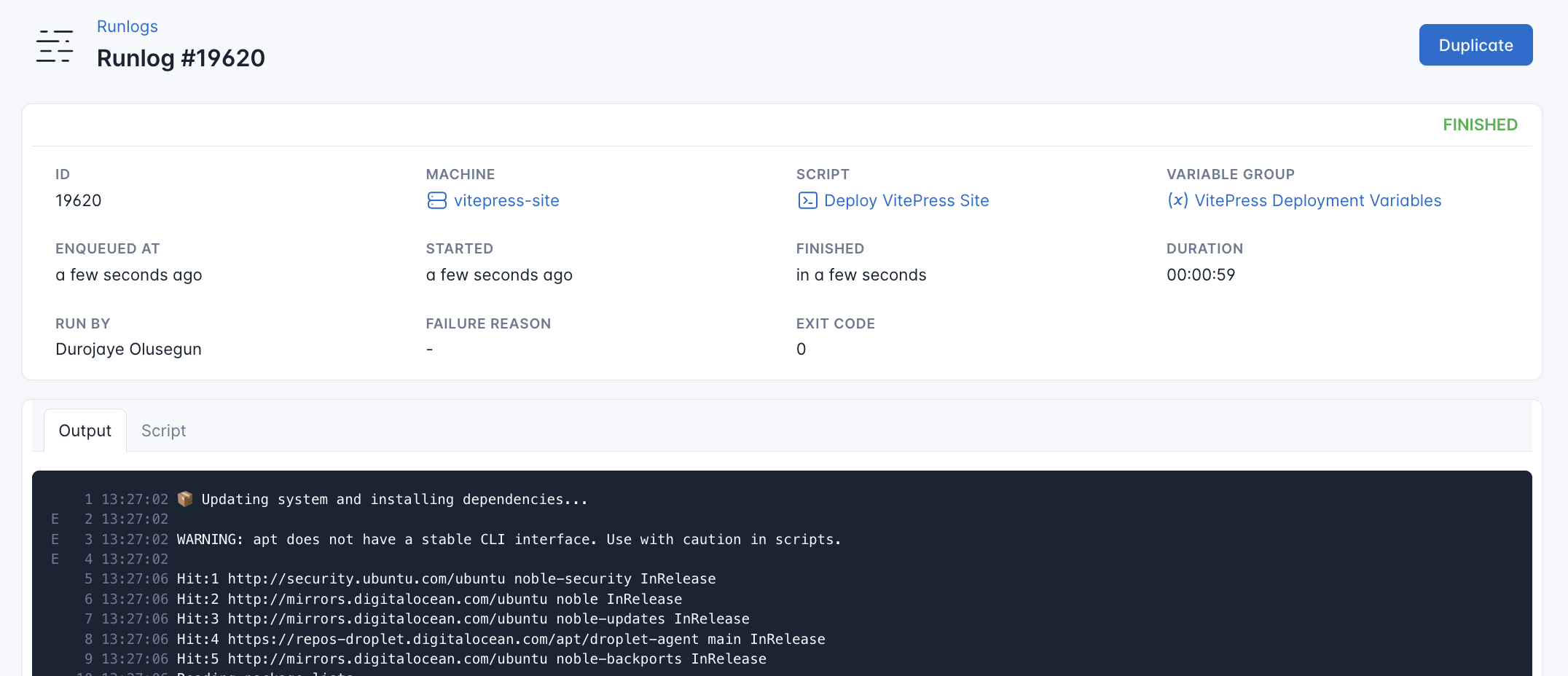 Screenshot of the output of the VitePress deployment script