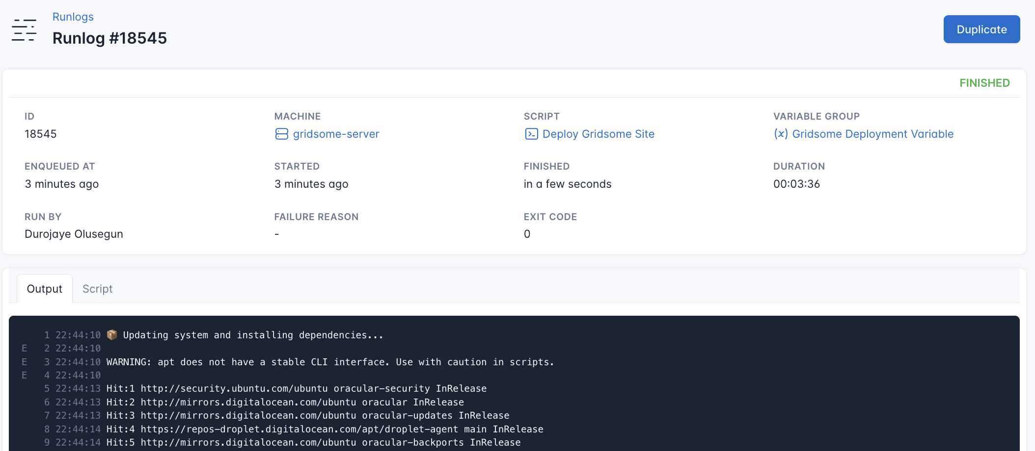 Screenshot of the output of the Gridsome deployment script