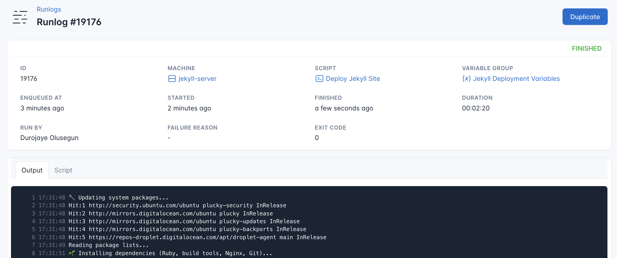 Screenshot of the output of the Jekyll deployment script