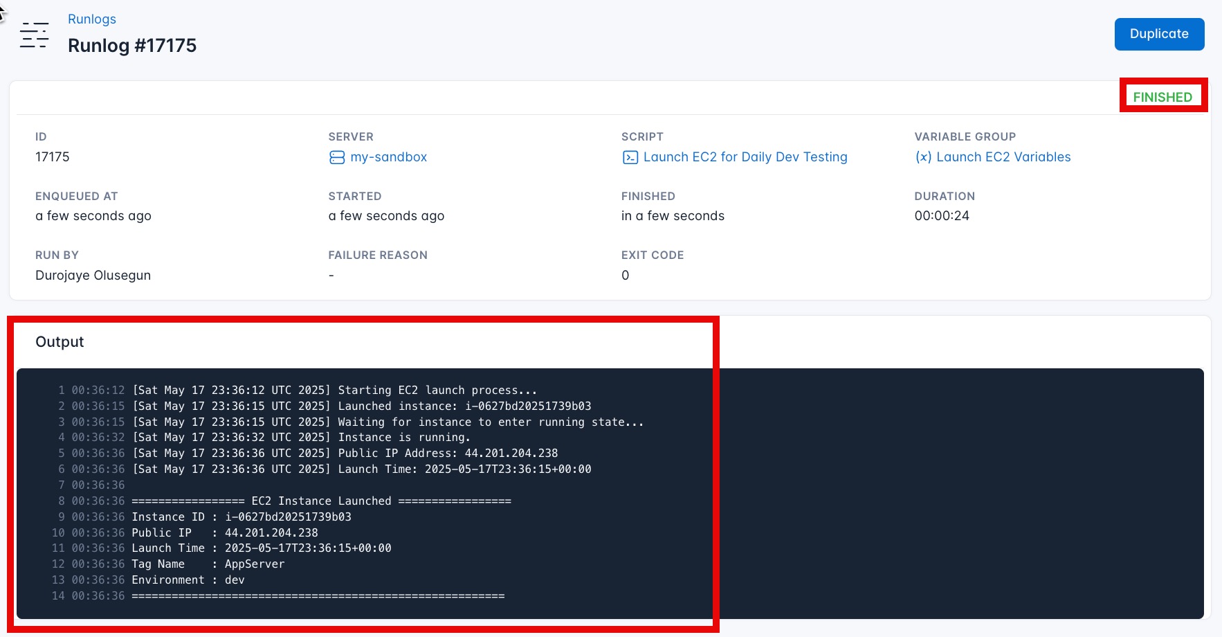 Screenshot of the output automation script