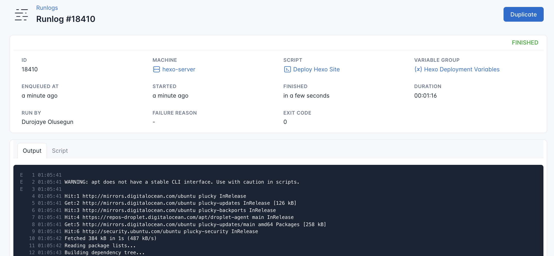 Screenshot of the output of Deploy Hexo script